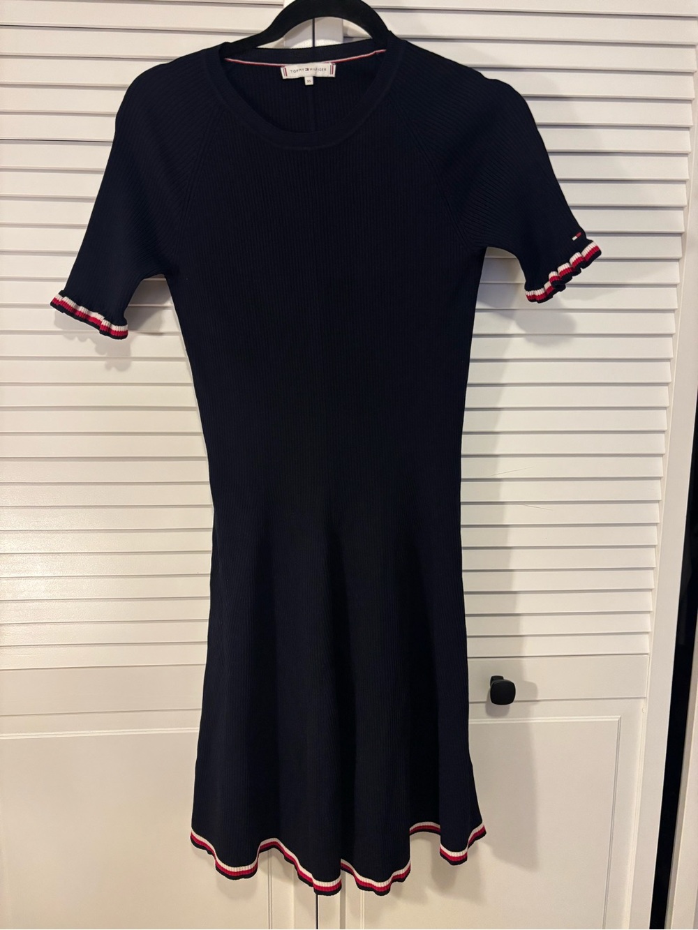 Tommy Hilfiger Navy Knit Fit-and-Flare Dress with Red & White Trim